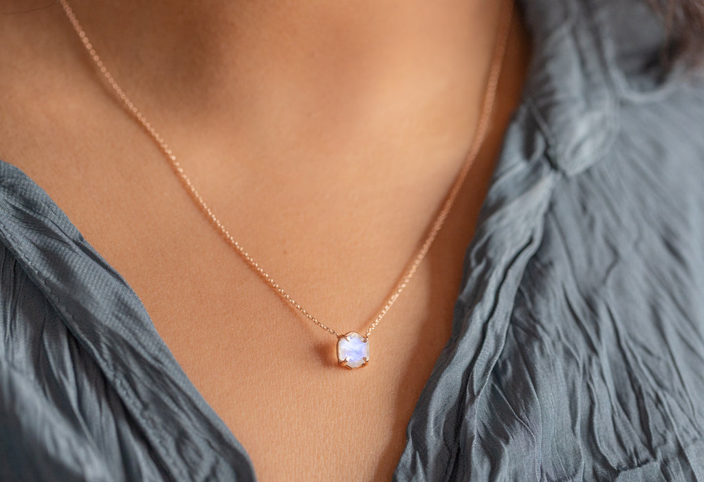 Rose Cut Moonstone Hexagon Necklace on Model