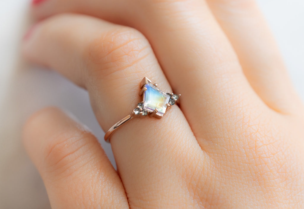 The Ivy Ring with a Kite-Shaped Moonstone on Model