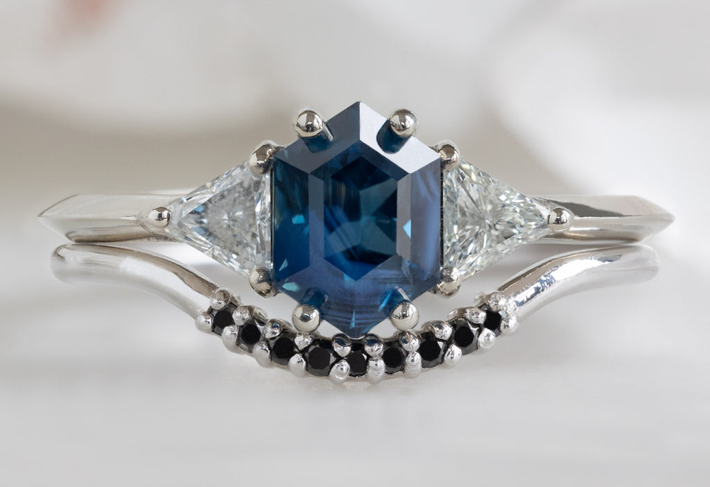 The Jade Ring with a Blue Sapphire Hexagon with Black Pavé Arc Stacking Band