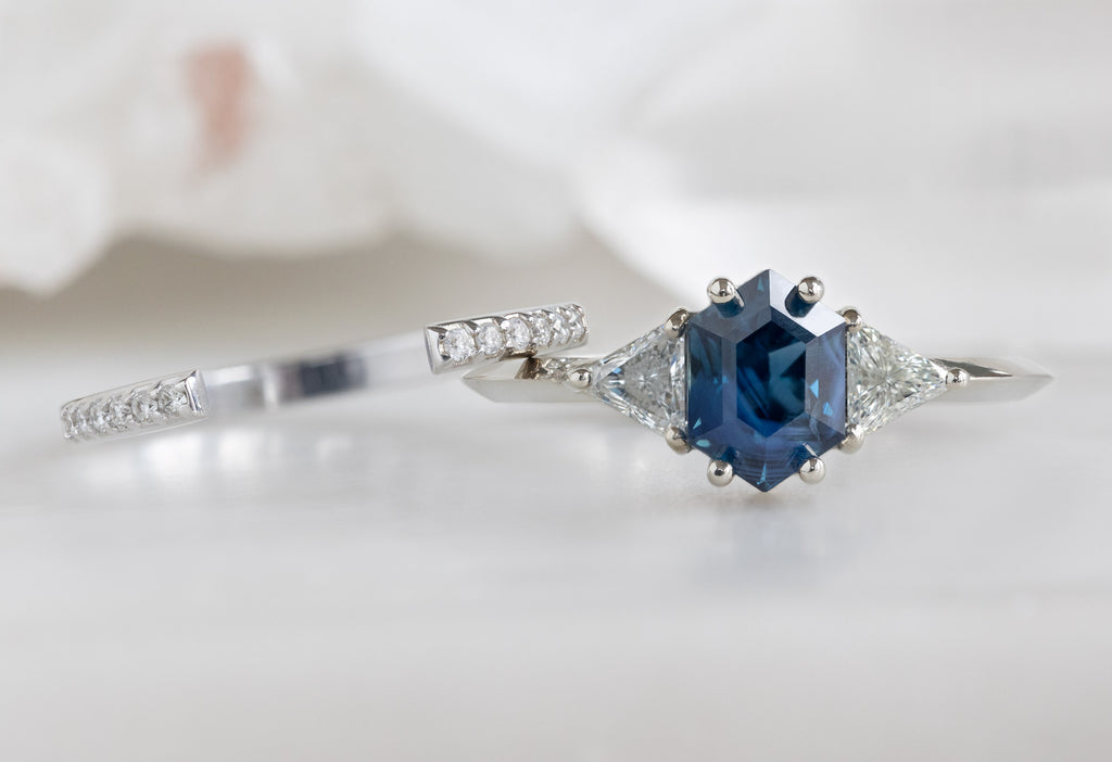 The Jade Ring with a Blue Sapphire Hexagon with Open Cuff Pavé Stacking Band