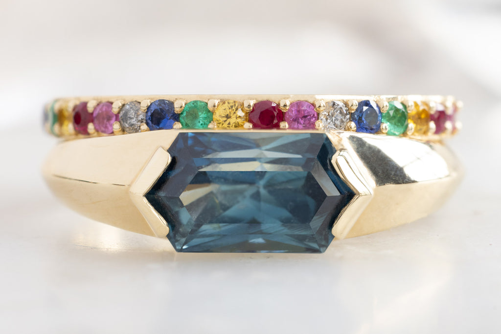 The Signet Ring with a Sapphire Hexagon with Rainbow Sapphire Stacking Band