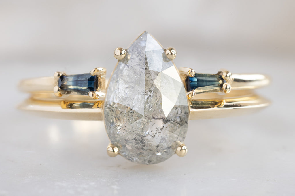Yellow Gold Open Cuff Montana Sapphire Baguette Ring with Engagement Ring