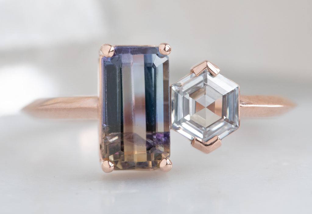 'You & Me' Ring with a Bi-Color Tanzanite + Hexagon Diamond